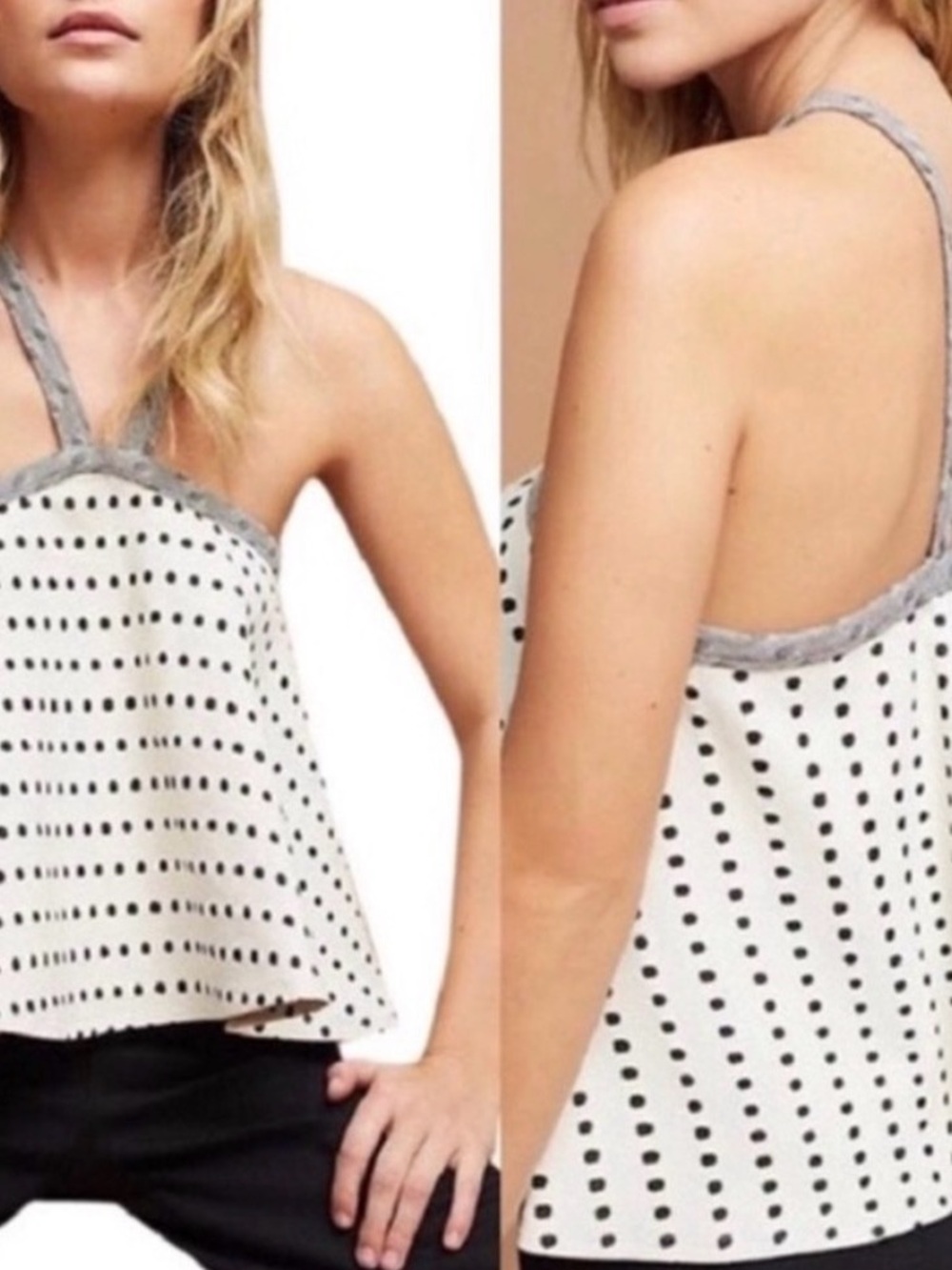 Anthropologie White Polka Dot Swing Cami with Gray Trim